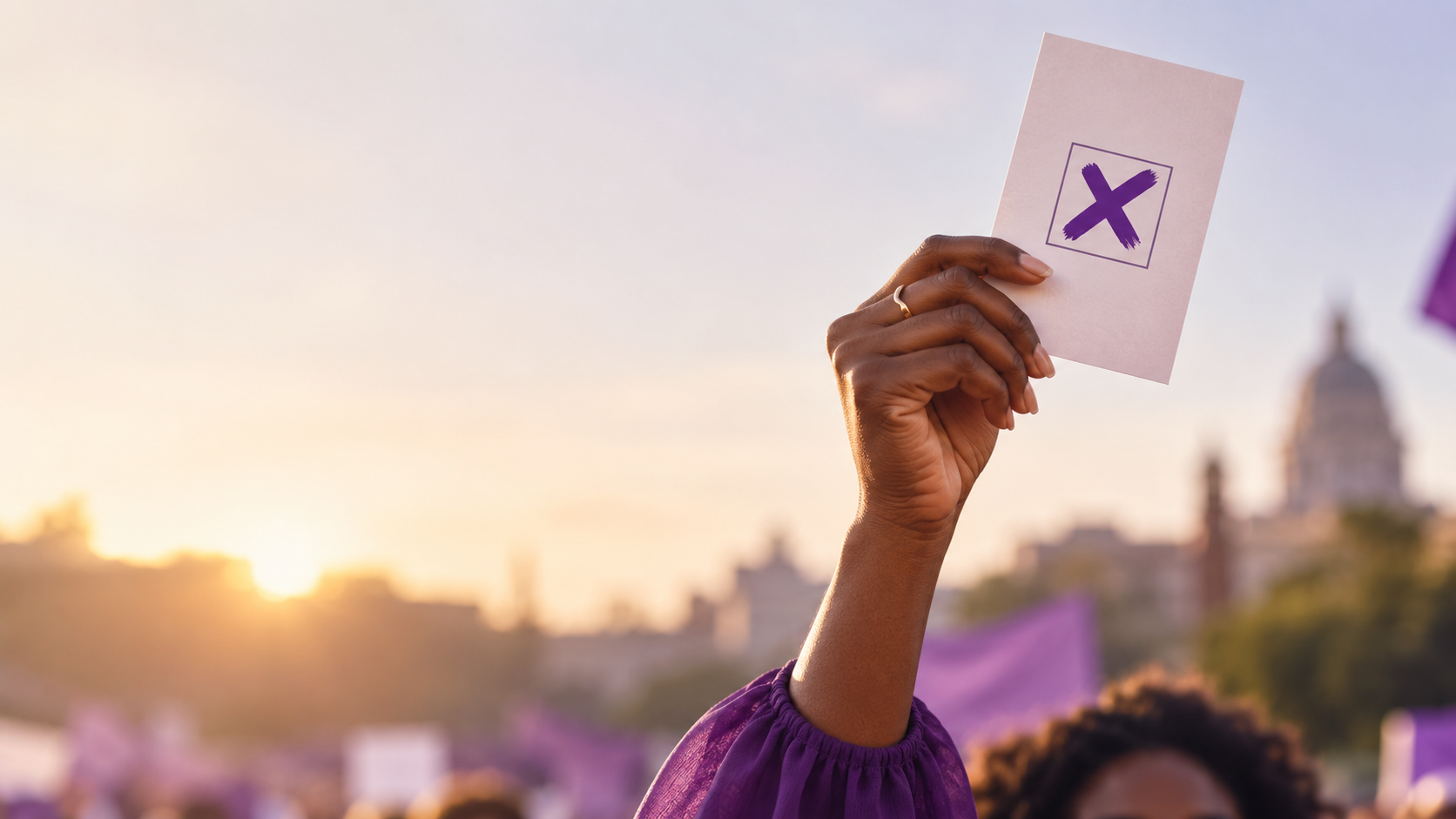 A raised hand holding a ballot marked with a cross